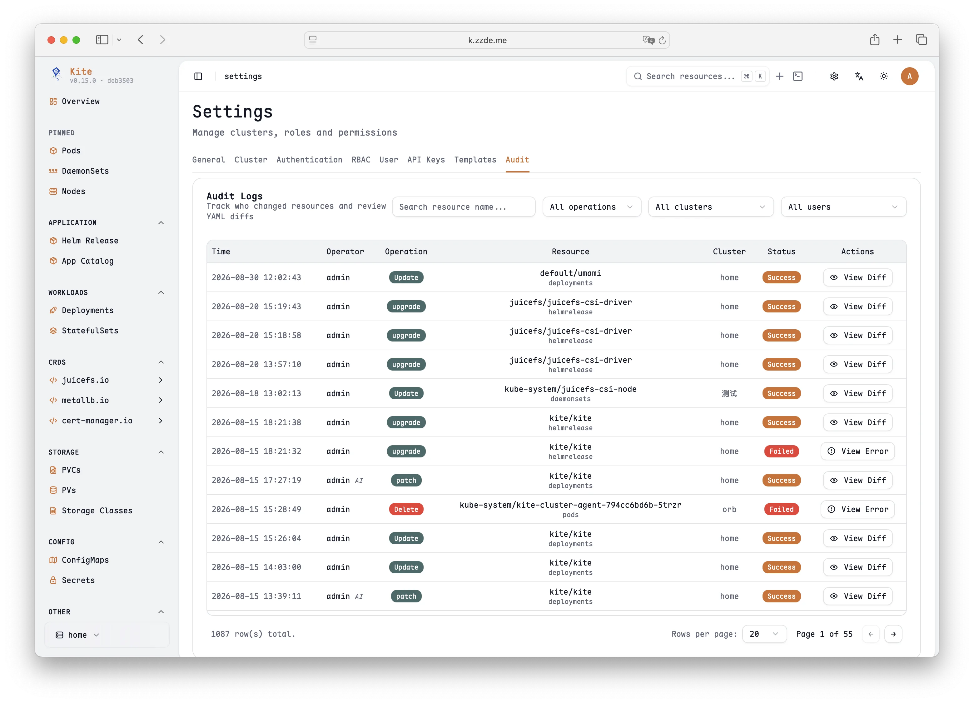 Kite audit log showing operators, Kubernetes resource changes, clusters, status, and reviewable diffs
