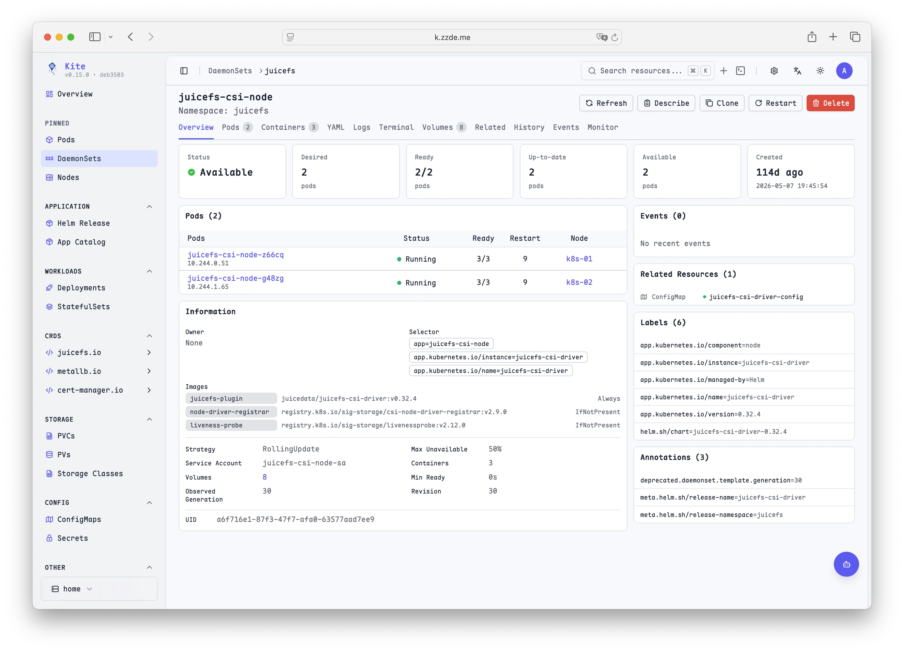 Kite Kubernetes resource detail page showing workload status, pods, events, related resources, labels, and configuration