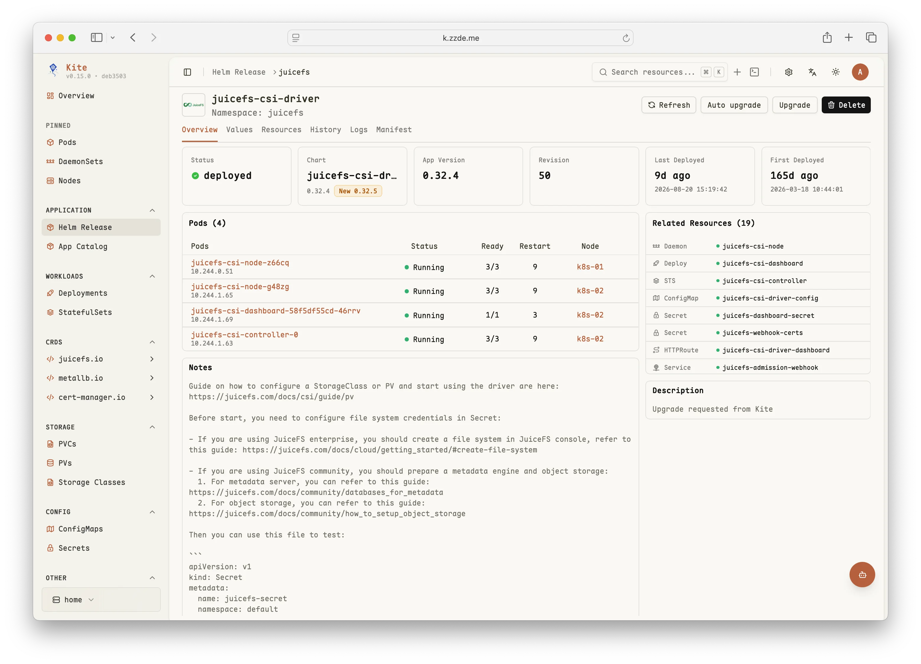Kite Helm release page showing deployment status, related resources, release history, and configuration