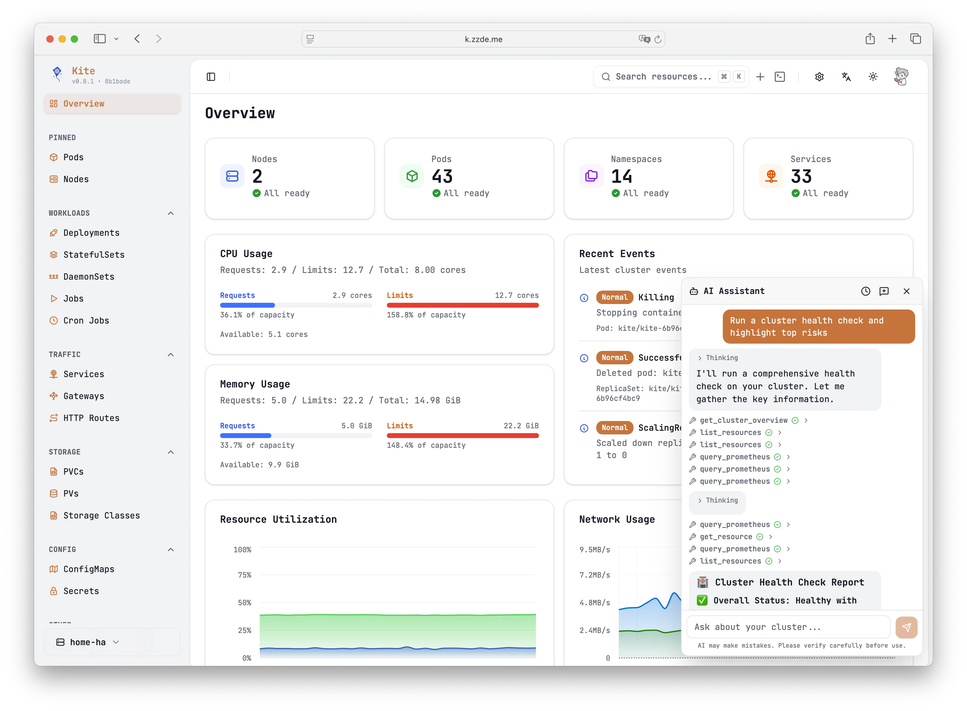 Kite dashboard showing Kubernetes cluster resources and live health signals
